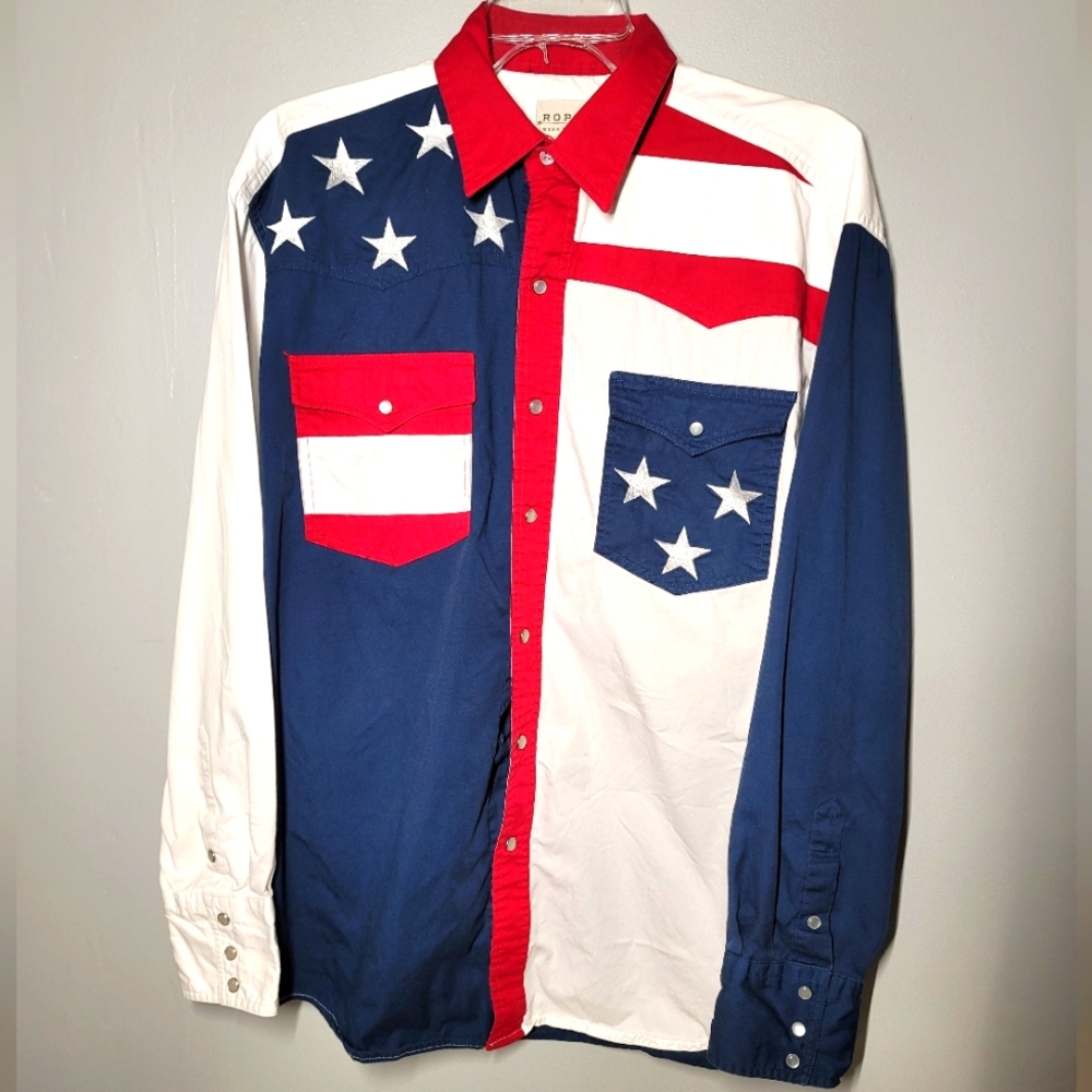 Roper Shirt Mens Pearl Snap Western USA Flag Patriotic Rodeo